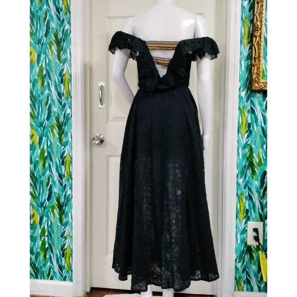 Pho Firenze M Black Lace Ruffle Maxi Dress With Open Back Embellished Straps - Picture 4 of 16